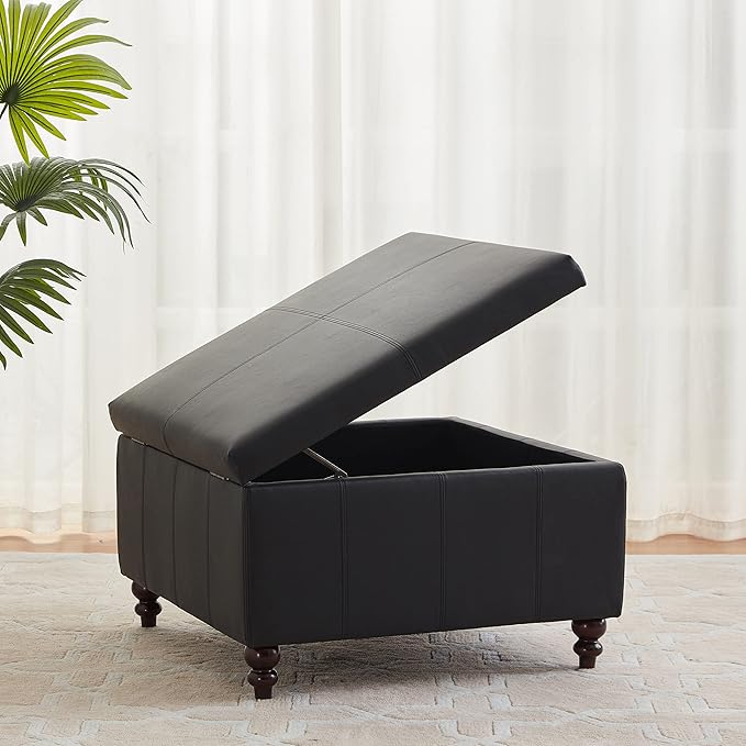 HUIMO Square Leather Storage Ottoman, Black Tufted Large Ottoman for Living Room, Coffee Table with Storage(Black)-Ruum Studio Home