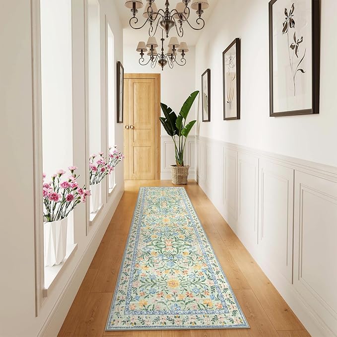 Wonnitar Washable Runners for Hallways, 2'6''x8' Floral Green Runner Rug for Kitchen Bathroom, Boho 8ft Non Silp Extra Long Rugs for Entryway Bedroom Laundry-Ruum Studio Home