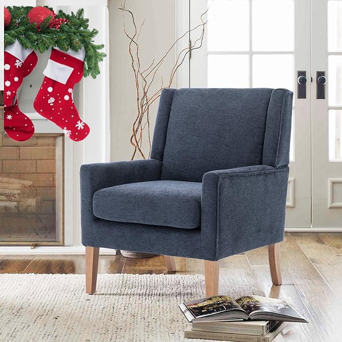 COLAMY Modern Wingback Living Room Chair, Upholstered Fabric Accent Armchair, Single Sofa Chair with Lounge Seat and Wood Legs for Bedroom/Office/Reading Spaces, Blue-Ruum Studio Home