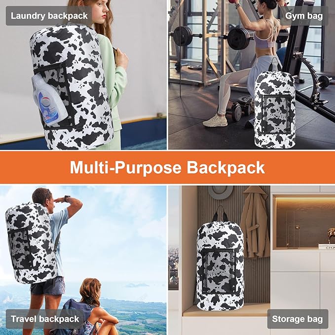 Femuar Laundry Bag Backpack Durable Laundry Bag with Shoulder Straps and Mesh Pockets Portable Laundry Dirty Clothes Hamper Bag for College Dorm (Cow Print)-Ruum Studio Home