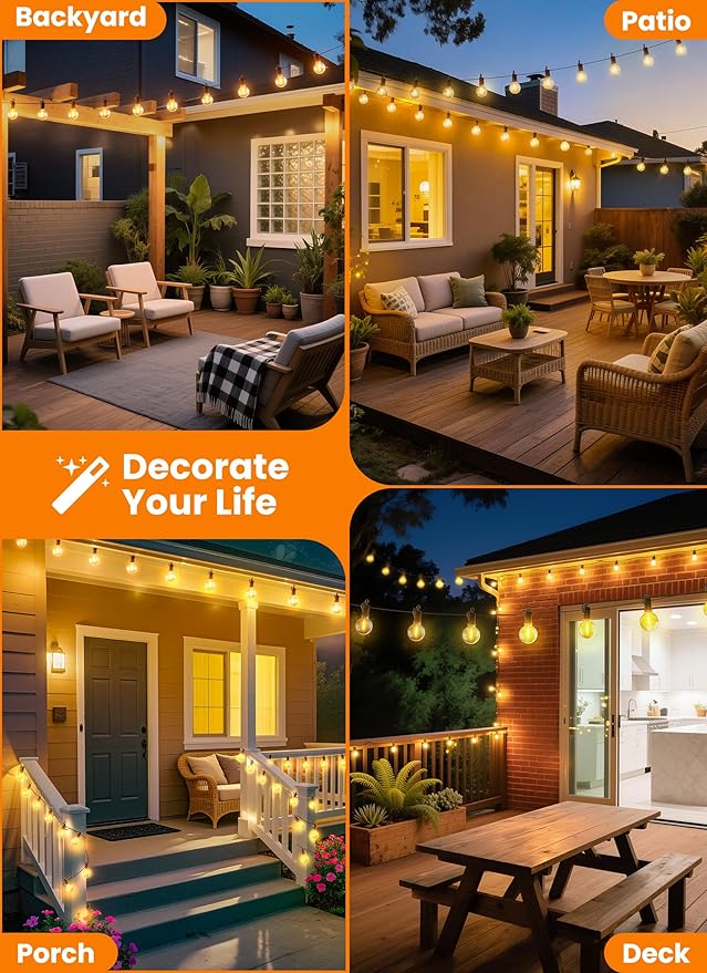 LED Outdoor String Lights, 50FT 25+2 Shatterproof Bulbs Outdoor Patio Lights, IP65 Waterproof Connectable Hanging Outside Light for Backyard, Porch, Deck, Balcony, 2200K-Ruum Studio Home