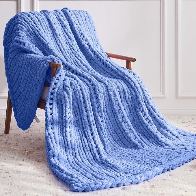 Chunky Knit Throw Blanket, 60''*80'' Knitted Throw Chenille Yarn for Bed Couch, Handmade Light Blue Crochet Big Thick Blanket, Machine Washable Cute Comfy Blanket for Home Decor-Ruum Studio Home