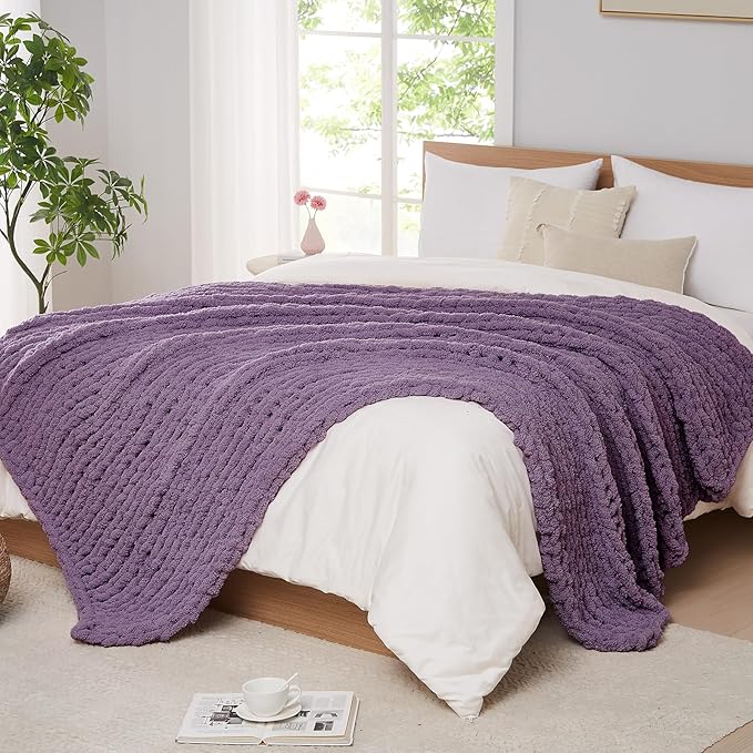 L'AGRATY Chunky Knit Blanket Throw: 60''x80'' Chenille Chunky Knitted Throw Blanket for Bed Couch - Handmade Thick Big Cable Knit Blanket - Large Crochet Rope Blanket for Home Decor(Deep Purple)-Ruum Studio Home