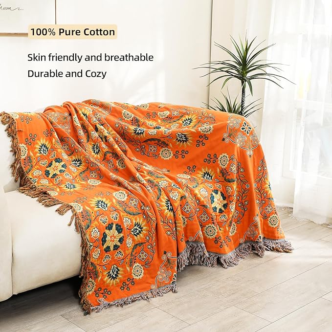 Boho Large Throw Blanket, 100% Organic Cotton Breathable Soft Bed Throw - Floral Farmhouse Decor Blanket for Sofa Couch Chair and Gift. 91" x 98"- Orange-Ruum Studio Home
