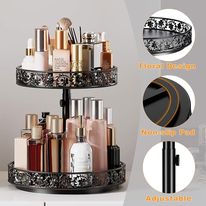 Two Tier Lazy Susan Organizer Turntable Height Adjustable, 2 Tier Lazy Susan 12 Inch Metal Easy Assembly, Spice Rack Organizer Rotating for Cabinet Dining Table Top Kitchen Countertop Black-Ruum Studio Home