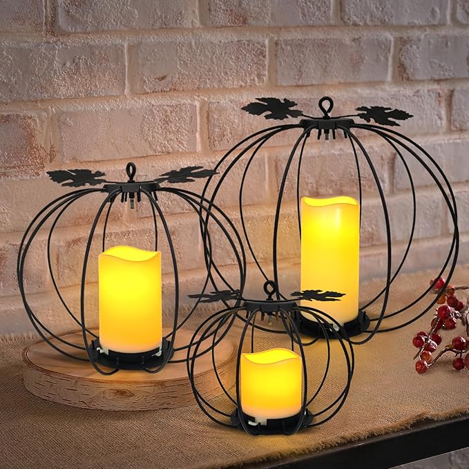 Halloween Metal Pumpkin Candle Holder, 3 Pcs Light up Black Pumpkin Lantern with LED Flickering Yellow Candle Lights Build in Timer for Thanksgiving Halloween Harvest Fall Home Decor-Ruum Studio Home