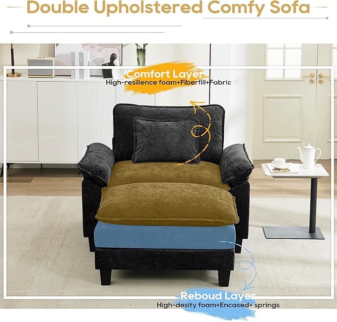URRED Modular Sectional Sofa Comfy Cloud Couch, Modern Chenille Sofa Sleeper Deep Seat Couches with Ottoman/Pillows for Living Room (Black, 53''- Ottoman)-Ruum Studio Home