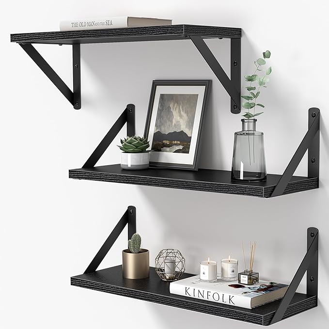 Heimlove Floating Shelves for Wall, 16 Inch Long Wood Floating Shelves Set of 3, Wall Mounted Hanging Shelf for Bathroom Bedroom Kitchen, Black-Ruum Studio Home