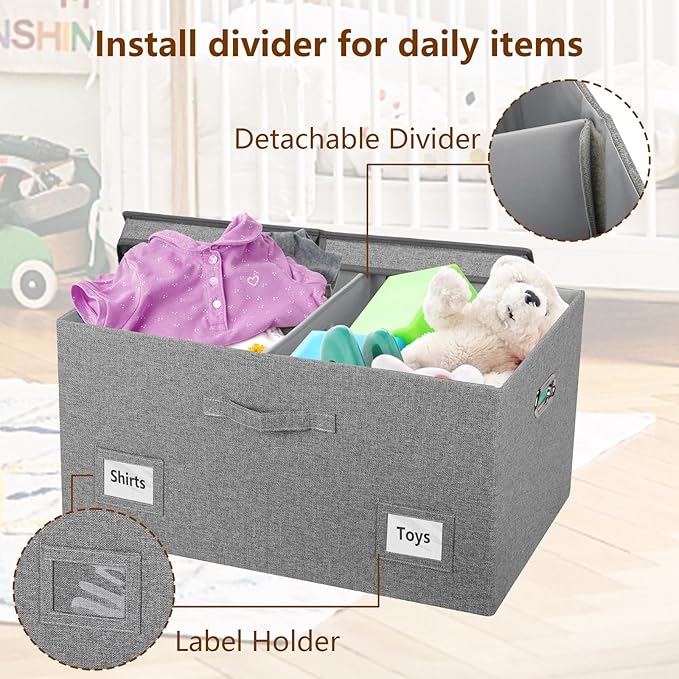 75 Quarts Extra Large Decorative Storage Bins with Lids, 3 Packs Gray Collapsible Storage Bins with Lids, Stackable Storage Bins Decorative Box Storage With Lid Extra Large-Ruum Studio Home
