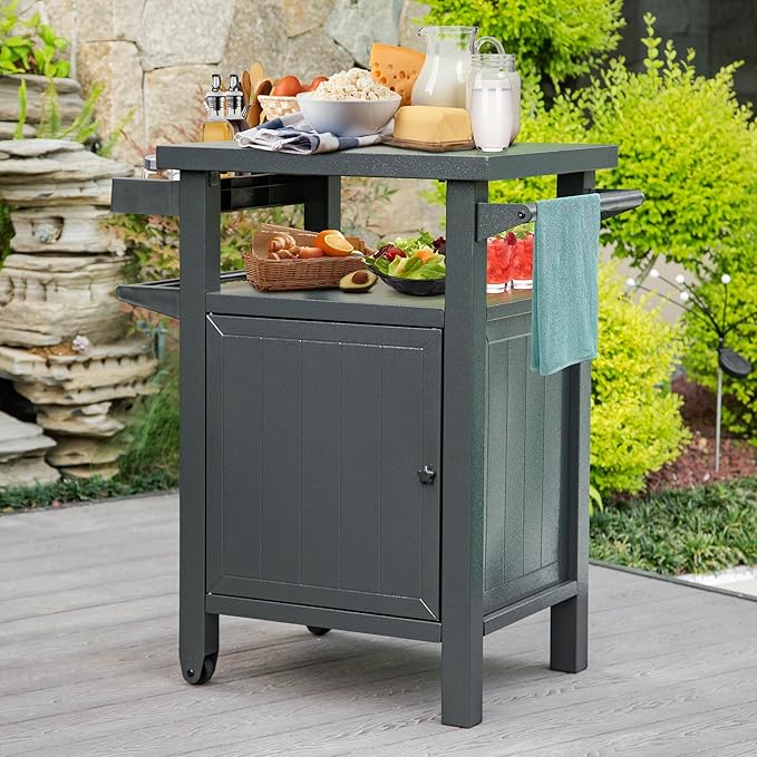 Domi Grill Carts Outdoor with Storage and Wheels, Whole Metal Portable Table and Storage Cabinet for BBQ,Deck,Patio,Backyard(Dark Grey)-Ruum Studio Home