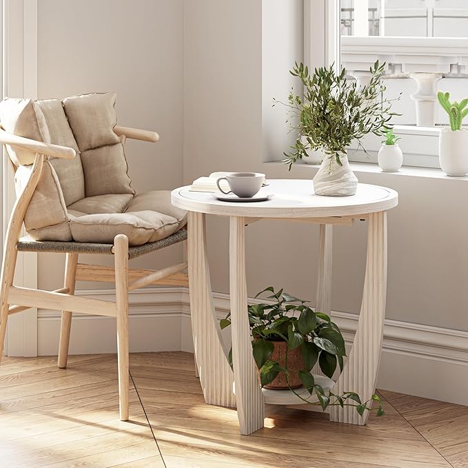 Rustic Farmhouse end Table with Storage Shelf, French Country Accent Side Table for Family, Dinning or Living Room, Small Spaces, Modern, Round, White-Ruum Studio Home