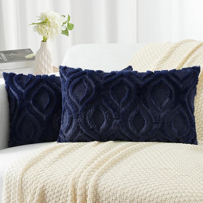 decorUhome Fall Throw Pillow Covers 12x20 Inch Set of 2, Soft Plush Decorative Faux Fur Navy Blue Solid Couch Pillow Covers, Accent Farmhouse Neutral Lumbar Euro Pillow Cases for Sofa Bed Living Room-Ruum Studio Home