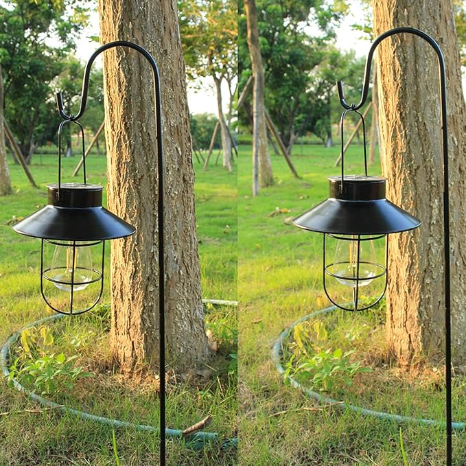 Solar Lantern 2pack Outdoor Hanging Light- Waterproof Vintage Metal Light with Shepherd Hook Decorative for Patio, Backyard, Porch, Yard (Black)-Ruum Studio Home