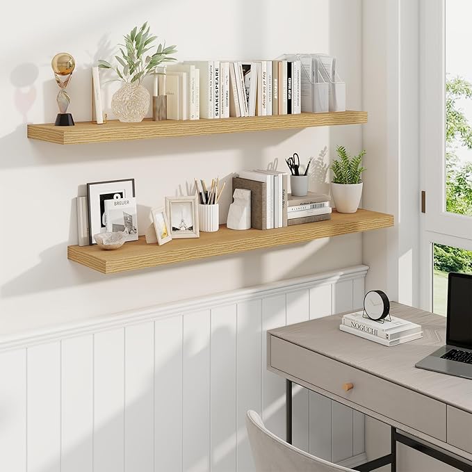 Fun Memories 48 Inch Deep Floating Shelves for Wall, 2 Pack of Long Wall Mounted Wood Shelves with Invisible Brackets for Bathroom, Bedroom, Living Room, Kitchen Decor and Storage, Oak-Ruum Studio Home