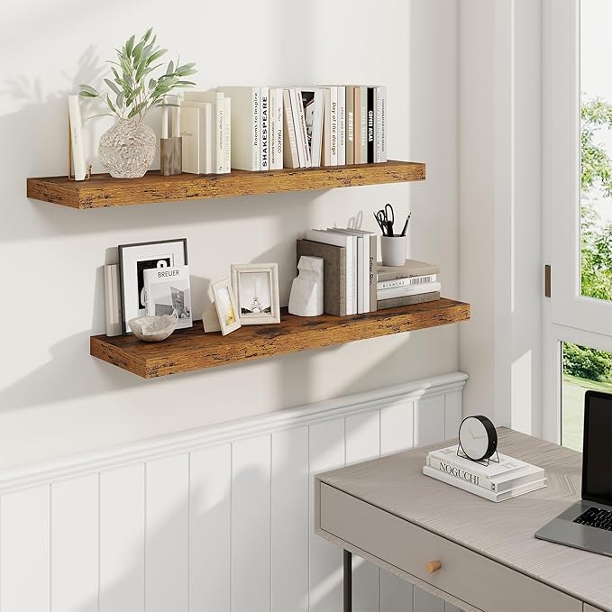36 Inch Floating Shelves, 9.3 Inch Deep Rustic Wall Shelves - Extra Deeper Wall Mounted Storage Shelves for Bathroom, Kitchen, Living Room (Brown, Set of 2)-Ruum Studio Home