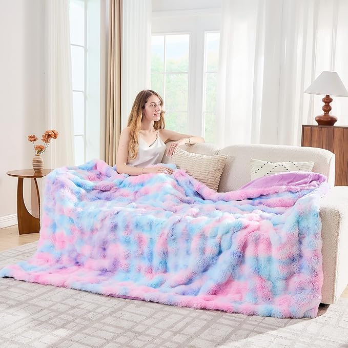 Lotus Karen Faux Fur Throw Blanket Tie-Dye Purple Rainbow - Big Bubble Rabbit Fluff Blanket for Couch, Small Fluffy Fuzzy Cozy Blanket,Thick Furry Plush Shaggy Blankets,60x80 Inches-Ruum Studio Home