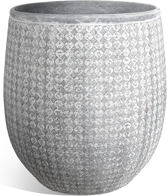 Worth Garden Large Grey Round Planter – 14.5" Dia x 17.5" H Lightweight Magnesium Oxide Cement Plant Pot with Texture – Raised Pattern Concrete Look – Drainage Hole – Indoor & Outdoor Use-Ruum Studio Home