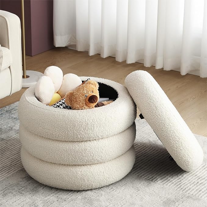 ONEVOG 20" Round Storage Ottoman with Removable Lid, Off-White Boucle Fabric Footrest Pouf, Sherpa Tufted Small Coffee Table Vanity Ottoman Foot Stools for Living Room Couch, Bedroom, Dorm, Nursery-Ruum Studio Home