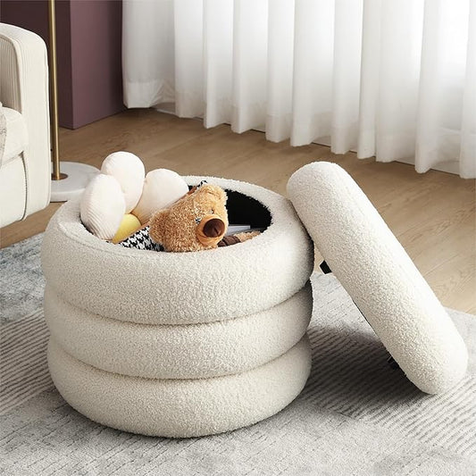 ONEVOG 20" Round Storage Ottoman with Removable Lid, Off-White Boucle Fabric Footrest Pouf, Sherpa Tufted Small Coffee Table Vanity Ottoman Foot Stools for Living Room Couch, Bedroom, Dorm, Nursery-Ruum Studio Home