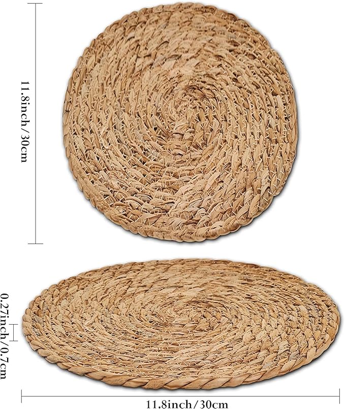 Defined Deco Woven Placemats Set of 4,12" Round Rattan Placemats,Natural Hand-Woven Water Hyacinth Placemats,Farmhouse Weave Place Mats,Rustic Braided Wicker Table Mats for Dining Table,Home,Wedding.-Ruum Studio Home