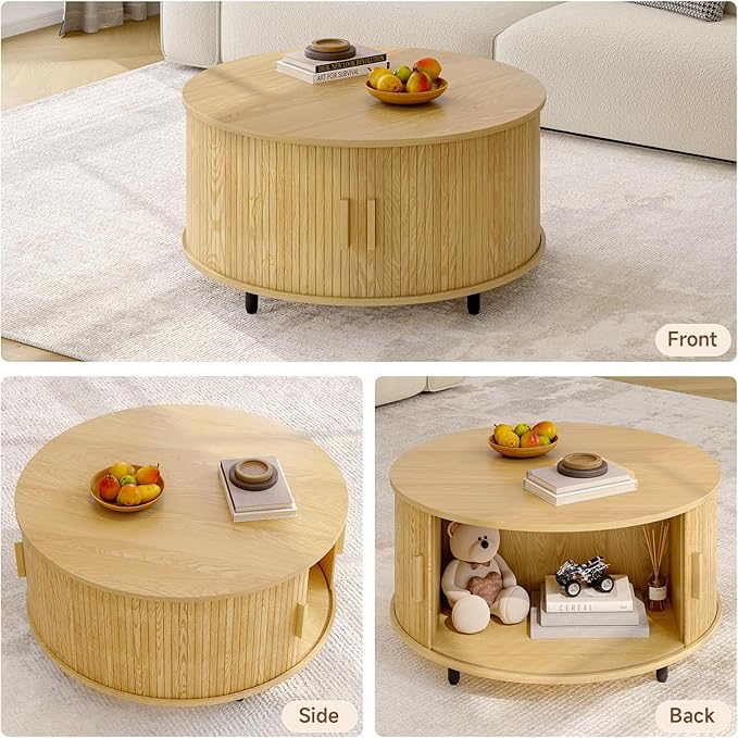 Round Coffee Table with Storage, 31.5" Modern Coffee Table with 360° Curved Sliding Door, Fluted Wood Accent Coffee Table with Adjustable Footpads, Round Center Table for Living Room, Oak-Ruum Studio Home