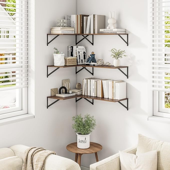 Heimlove 24" W x 12" D Wall Shelves for Books, 12 Inch Deep Floating Shelves Set of 3, Wide Floating Bookshelf with Metal Bracket for Living Room, Kitchen, Office, Bedroom and Decor Storage - Walnut-Ruum Studio Home