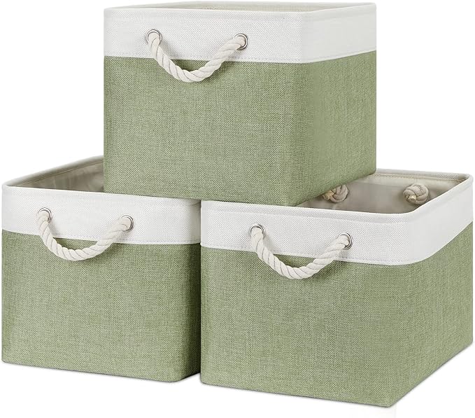 Bidtakay Large Fabric Baskets for Organizing [3-pack] Closet Organizers and Storage Baskets for Gifts Empty Foldable Nursery Baskets for Toy Storage 15 X 11 X 9.5 Inches (White&green)-Ruum Studio Home