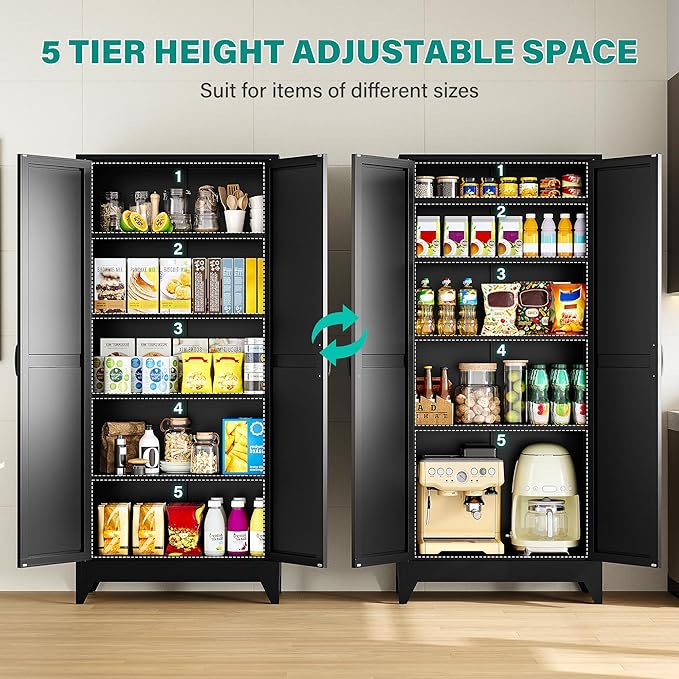 75" Tall Pantry Cabinet,Farmhouse Kitchen Pantry Storage Cabinets with 2 Doors and 5 Shelves,Black Metal Storage Cabinet,Large Cupboard for Home,Kitchen,Dining/Living Room-Ruum Studio Home