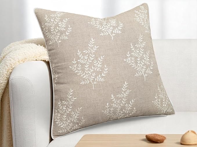 VAGMINE Embroidered Leaves Throw Pillow Cover - 20x20 Inches Square - 100% Linen Natural Throw Pillowcase - Elegant Neutral Leaf Design - Minimalist Rustic Home Accent for Sofa, Bed, Couch, Lounge-Ruum Studio Home
