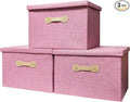 Enzk&Unity Decorative Storage Bins with Lids, Fabric Linen Foldable Storage Box with Handle Home Organizer for Shelf, Closet, Bedroom, Living Room, Office, 3 Packs, Pink-Ruum Studio Home