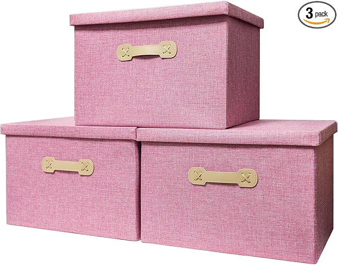 Enzk&Unity Decorative Storage Bins with Lids, Fabric Linen Foldable Storage Box with Handle Home Organizer for Shelf, Closet, Bedroom, Living Room, Office, 3 Packs, Pink-Ruum Studio Home