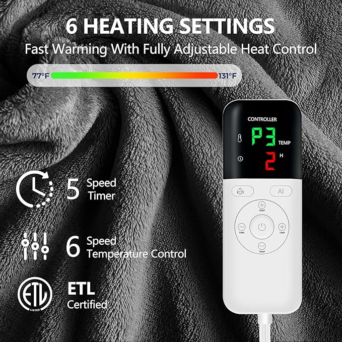 Heated Blanket Throw 50x60, Extra Plush 220GSM Flannel & Sherpa with Child Lock | 6-Level Smart Adaptive Heat & 8Hr Timer | ETL Certified Electric Blanket for Full Body Comfort-Ruum Studio Home