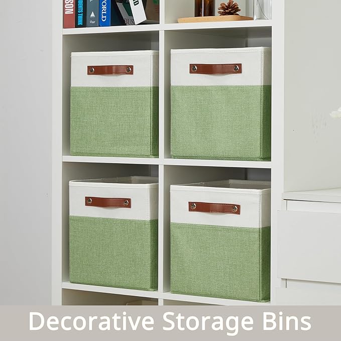 HNZIGE Fabric 11x11 Cube Storage Bins, Set of 4, Foldable Storage Cube Bin Baskets for Shelves with Handles, Bins for Cube Organizer Home Toy Nursery Closet(Green White)-Ruum Studio Home