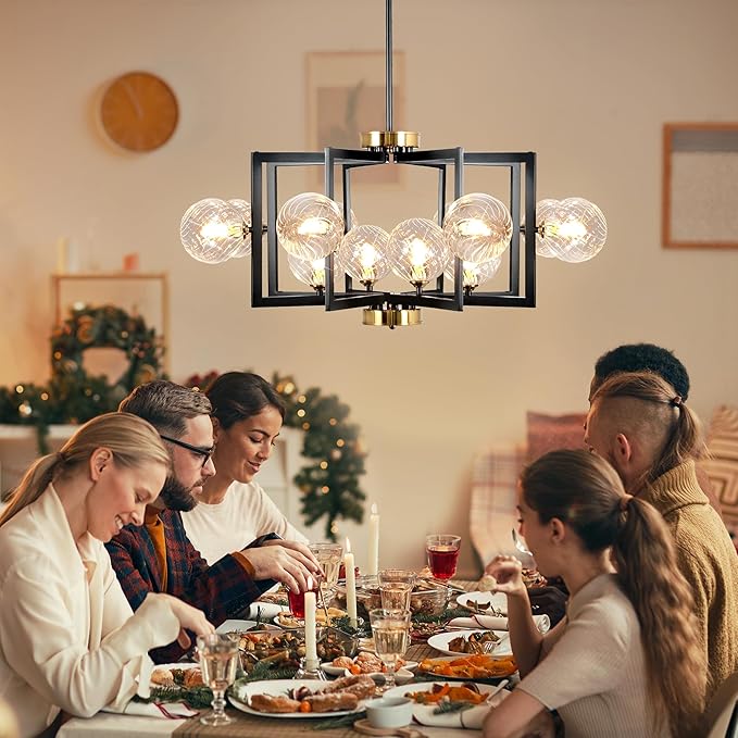 12 Light Black Farmhouse Chandelier Geometric Metal Dining Room Light Fixture Height Adjustable Black Chandeliers for Dining Room Clear Glass Farmhouse Industrial Pendant Lights for Bedroom, Entryway-Ruum Studio Home