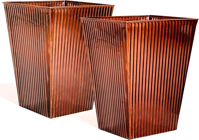 18in Vintage Handmade Metal Vertical Lines Copper Tapered Planters Set of 2, Galvanized Steel Planter Box with Drainage Hole for Indoor/Outdoor/Porch/Garden-Ruum Studio Home