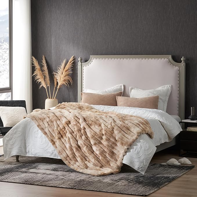 Cozy Bliss Faux Fur Throw Blanket for Couch, Cozy Warm Plush Striped Blanket for Sofa Bedroom Living Room, 60 * 80 Inches Tie-dye Kahki-Ruum Studio Home