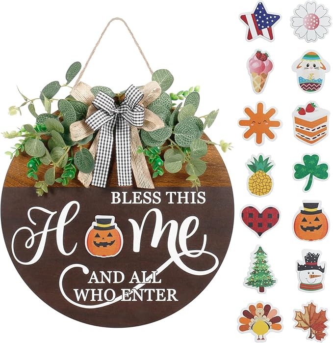 Interchangeable Seasonal Welcome Sign for Front Door, Rustic Round Wood Wreath Wall Hanging Decorations, for Spring Summer Fall Winter All Holiday Halloween Christmas Farmhouse Outdoor Home Decor-Ruum Studio Home