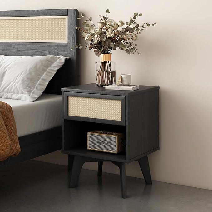 MUSEHOMEINC Nightstand, Boho Bedside Table with Rattan Drawer Open Shelf, Black Wooden Night Stand with Storage, Mid Century Modern End Table for Bedroom, Living Room,Dorm and Small Spaces-Ruum Studio Home