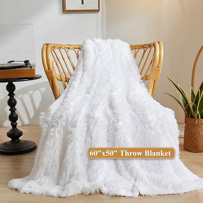 XeGe Luxury Faux Fur Throw Blanket, White Soft 50x60 Fluffy Blanket Throw, Shaggy Plush Decorative Couch Blanket, Cute Furry Throw Holidy Fuzzy Lap Blanket for Kids Women Men Teen Girls White-Ruum Studio Home