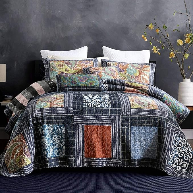 NEWLAKE Bedspread Quilt Set with Real Stitched Embroidery, Paisley Grid Pattern,Queen Size-Ruum Studio Home