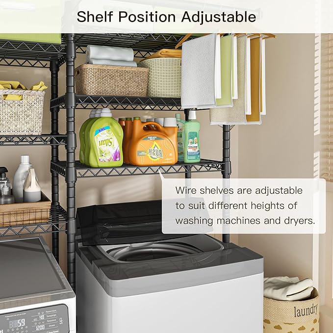 Ulif U13 Medium Over Washer and Dryer Storage Shelves, 6 Tiers Laundry Room Standing Shelf with 2 Hanger Rods, Space Saver Clothes Drying Rack, 57.8" W x 22" D x 77.4" H, Black-Ruum Studio Home