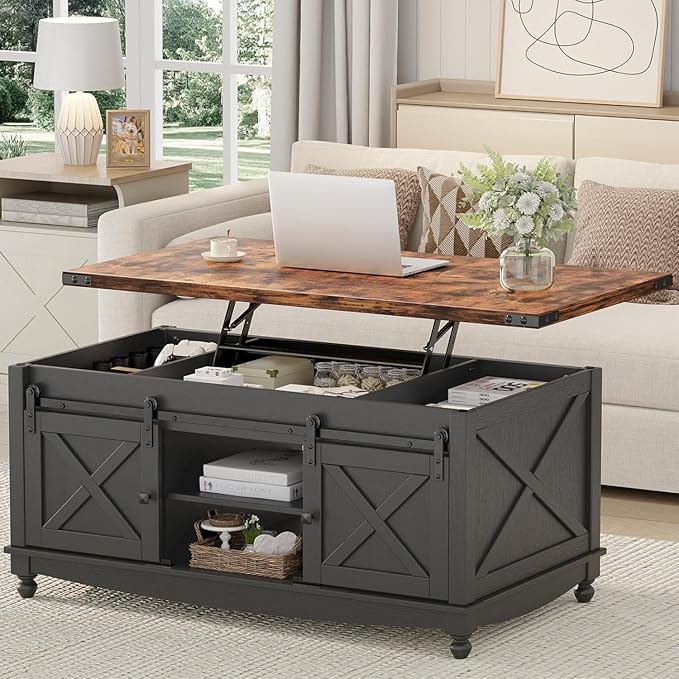 48" Farmhouse Lift Top Coffee Table with Storage Sliding Barn Door & Large Hidden Compartment, Coffee Table with Lifting Top with Wooden Lift Tabletop, Coffee Tables for Living Room, Black-Ruum Studio Home