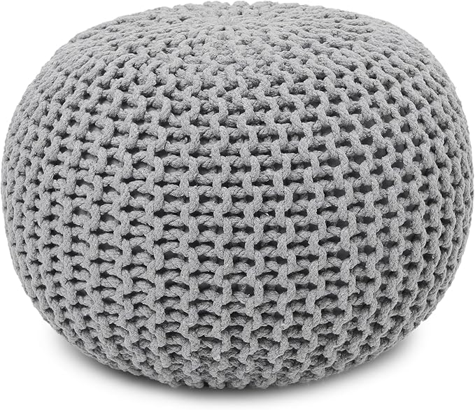 REDEARTH Round Boho Pouf Ottoman - Cable Knitted Cord Boho Pouffe - Stuffed Poof Accent Beanbag Footrest for Living Room - Nursery - Bedroom - Covered Patio - Study Nook (19.5"x19.5"x14") - Gray-Ruum Studio Home