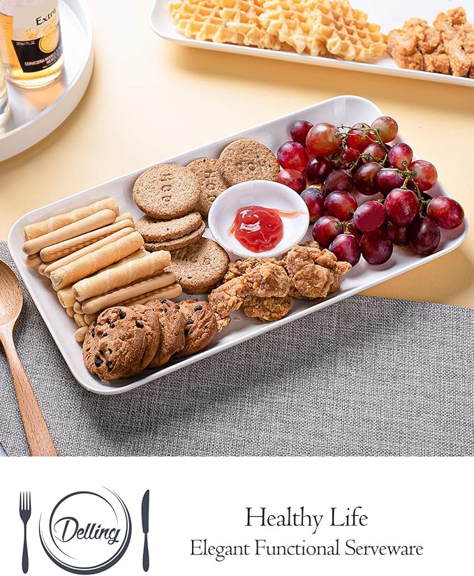 DELLING Large Serving Platter Set 12in White Rectangular Serving Plates/Salad Dish - Big Serving Trays for Parties Meat, Sushi, Dinner Plate Oven Safe Dinnerware Set of 3-Ruum Studio Home