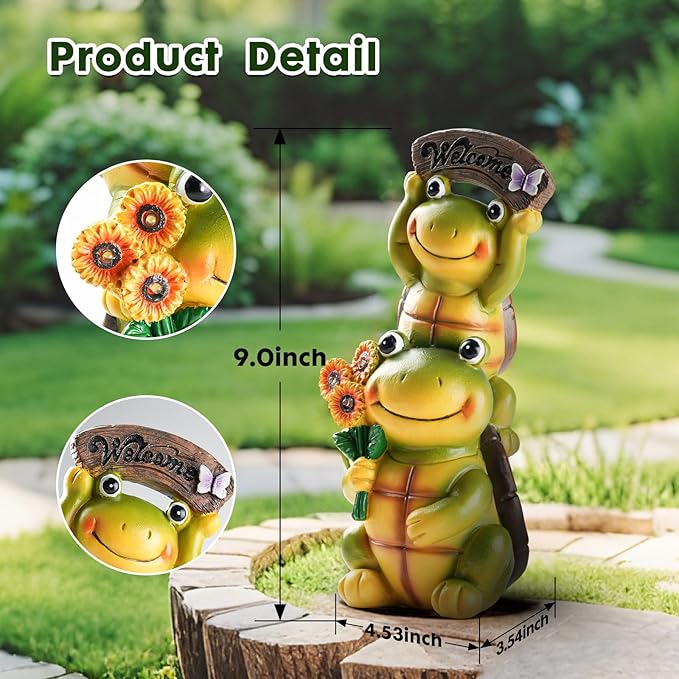 Garden Turtle Outdoor Statues, Solar Garden Statue Two Sweet Frog Face Turtles Decor with 3 LED Lights, Unique Art Resin Gifts for Patio Lawn Porch Yard-Ruum Studio Home