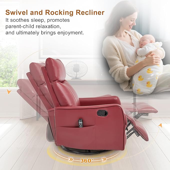 Manual Swivel Rocker Recliner Chair for Adults, Overstuffed Reclining Glider Chair for Nursing with Vibration Massage & Heat, Living Room Rocking Recliner 2-Stage backrest, Faux Leather Red-Ruum Studio Home