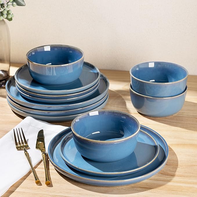 GBHOME Ceramic Dinnerware Sets for 4, 12 Pieces Stoneware Plates and Bowls Sets, Reactive Glaze Dishes -Scratch Resistant, Dishwasher&Microwave Safe-Alaskan Blue-Ruum Studio Home