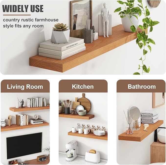 Floating Shelves for Wall, USA-Sourced Cherry Wood 36 Inch Long Wall Shelves Set of 2, Natural Wooden Wall Mounted Picture Ledge Shelf, Nursery Book Storage Shelf Kids Bookshelf, Display Shelf-Ruum Studio Home