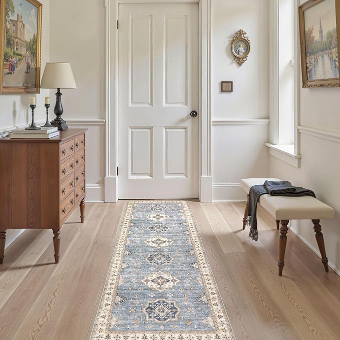 Washable 2x6 Runner Rug - Area Rugs Neutral Vintage Distressed Floral Farmhouse Boho Large Soft Floor Rug Indoor Carpet for Hallway Entryway Bedroom Kitchen - Blue-Ruum Studio Home