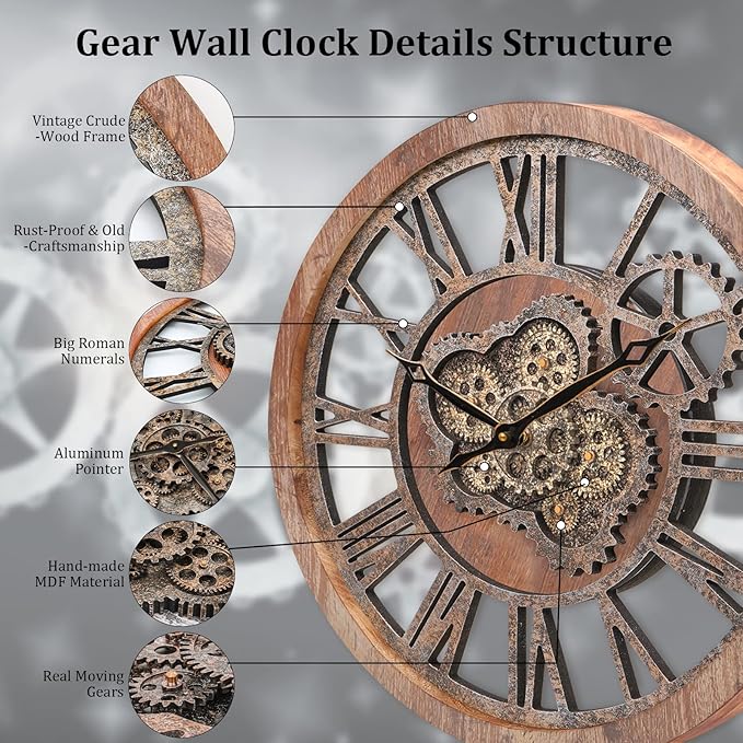 HOIBAI Large Wall Clock, Wall Clocks for Living Room Decor 20 Inch Farmhouse Vintage Rustic Kitchen Wall Decor Vintage Roman Oversized Wall Clock for Home Bedroom House, Moving Gears Clock-Ruum Studio Home